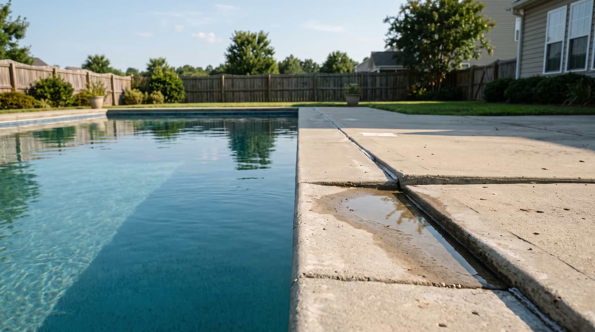 HydroHelp911 Crawl Space & Foundation Repair inspecting cracked and uneven concrete pool deck slabs.