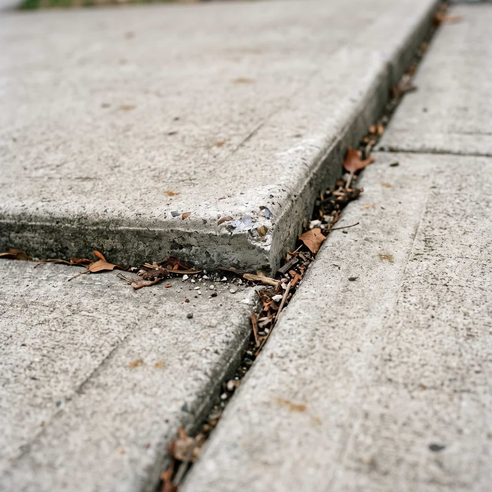 HydroHelp911 Crawl Space & Foundation Repair inspecting uneven concrete slabs creating a tripping hazard on a sidewalk.