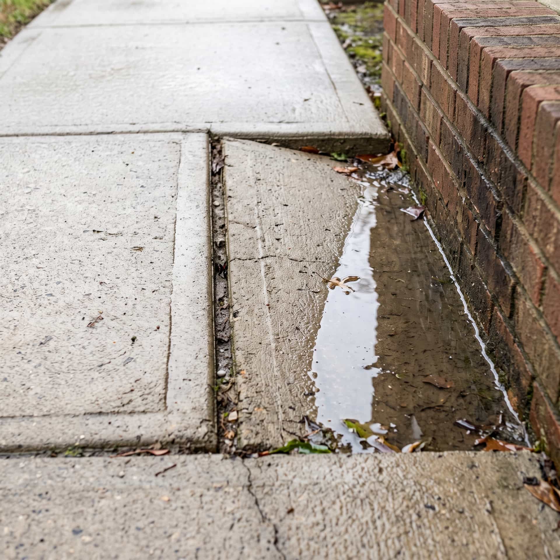 HydroHelp911 Crawl Space & Foundation Repair inspecting an uneven, broken sidewalk with pooled water causing a trip hazard.