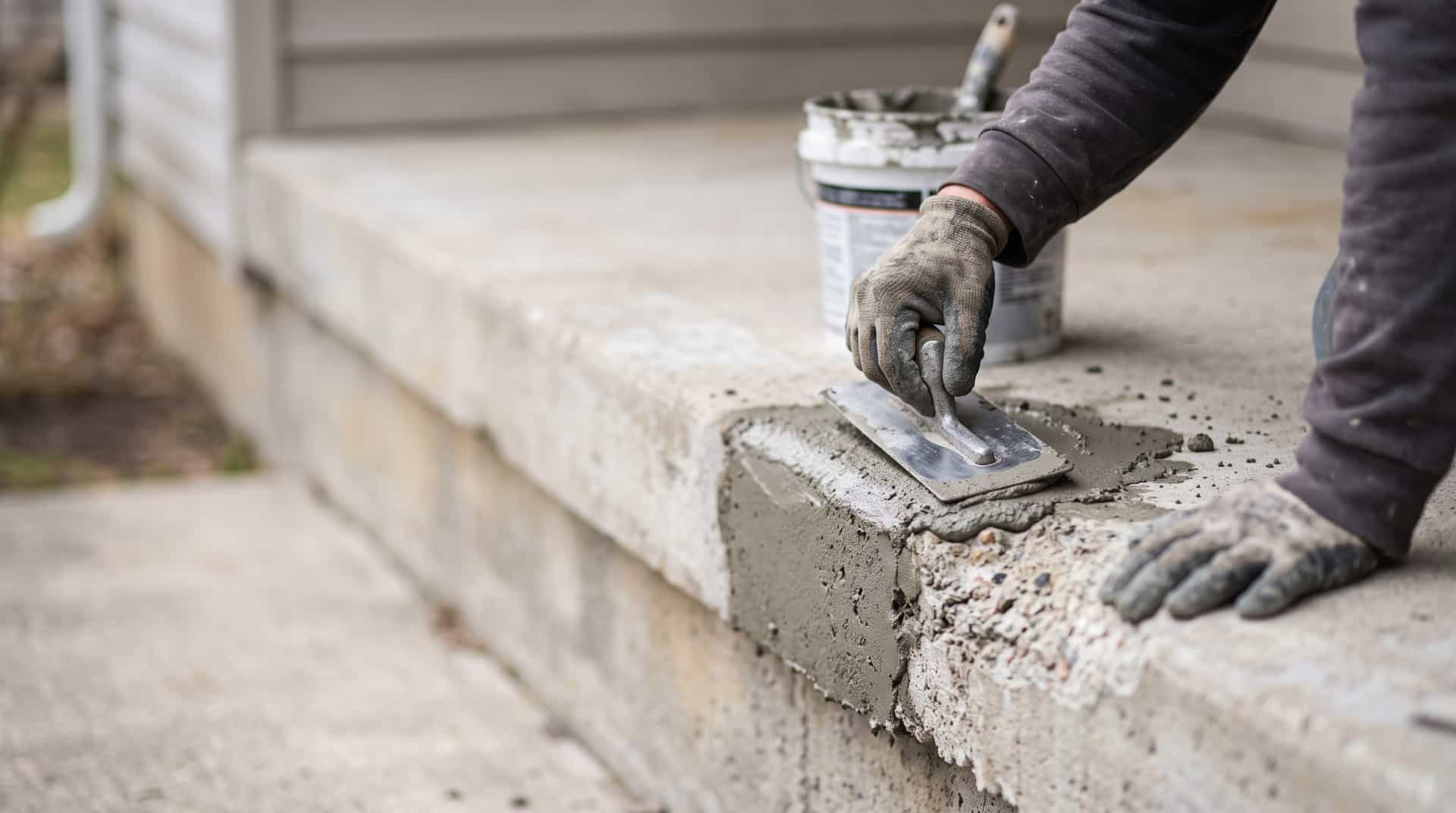 HydroHelp911 Crawl Space & Foundation Repair performing concrete patching and resurfacing on exterior concrete steps.