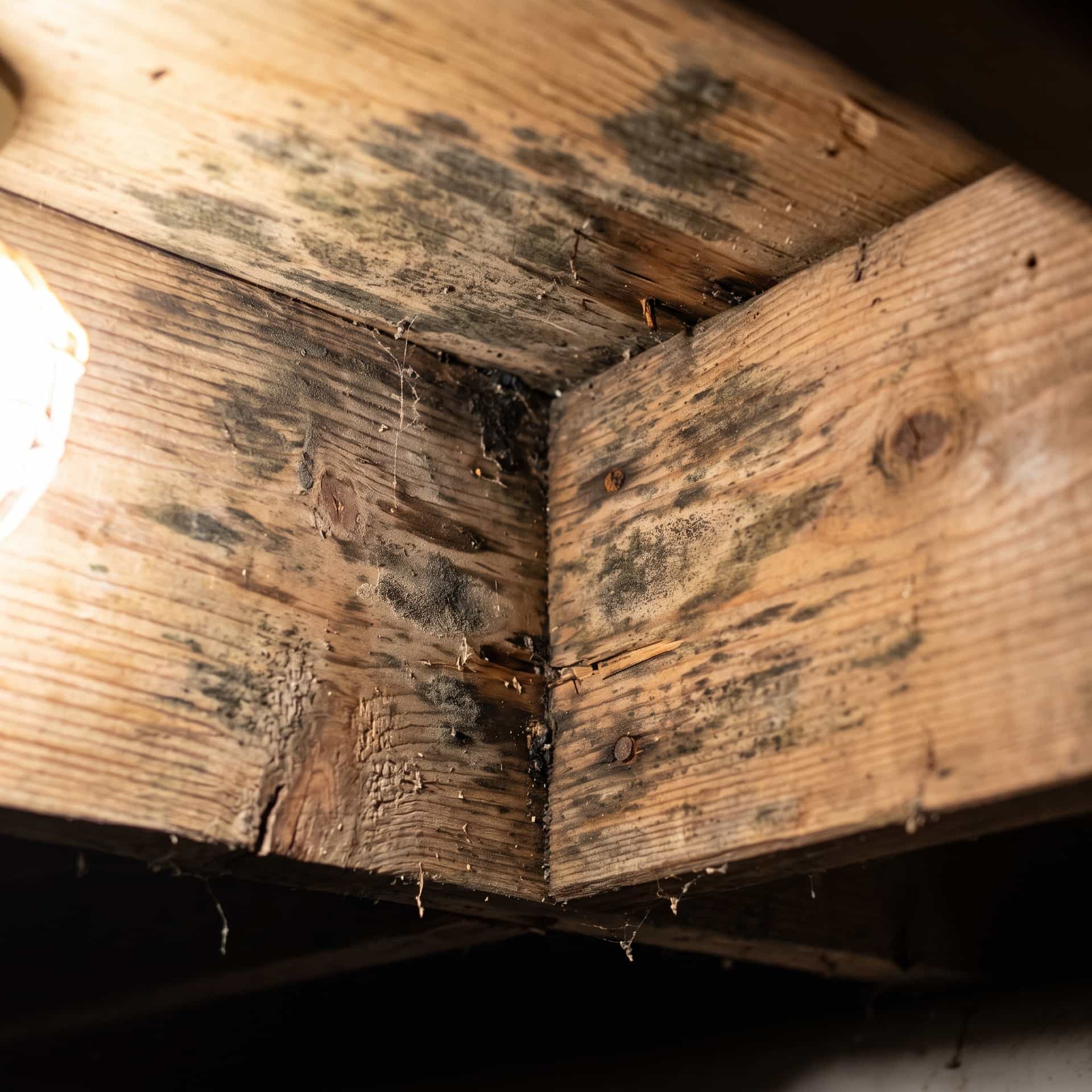 HydroHelp911 Crawl Space & Foundation Repair inspecting moisture damage on wood joists in a crawl space.
