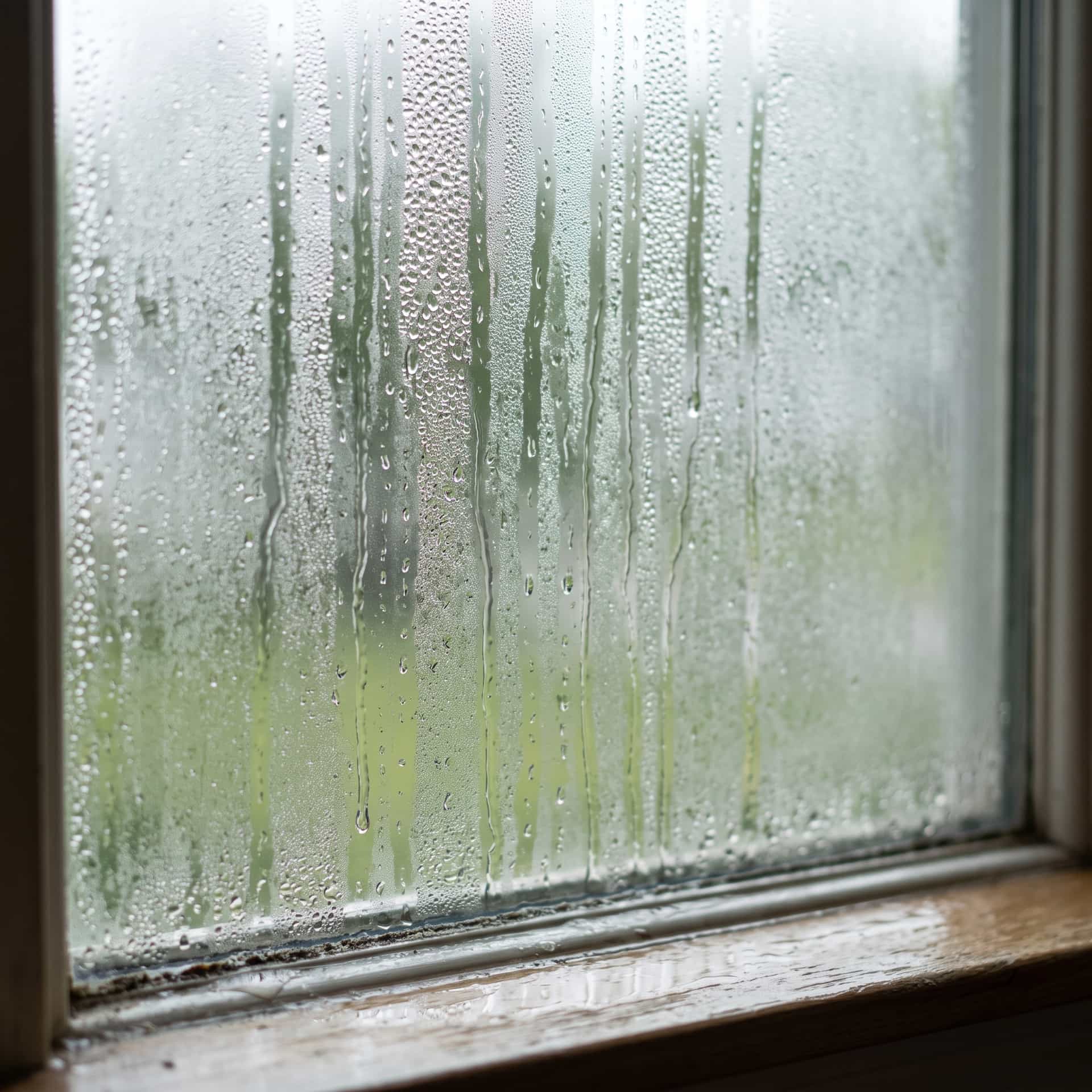 HydroHelp911 Crawl Space & Foundation Repair inspecting severe condensation and pooled water on a basement window.
