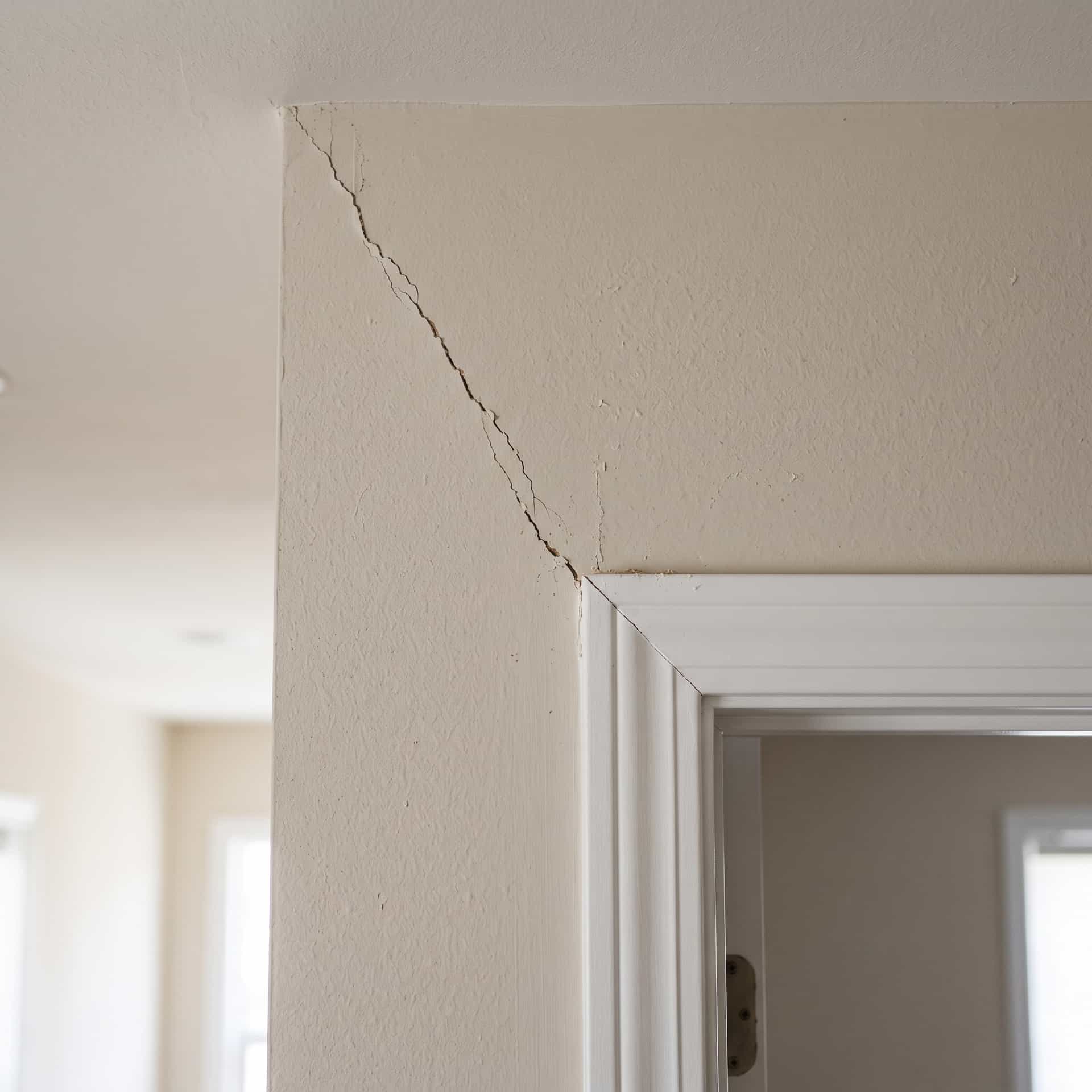 HydroHelp911 Crawl Space & Foundation Repair inspecting diagonal cracks extending from an interior door frame