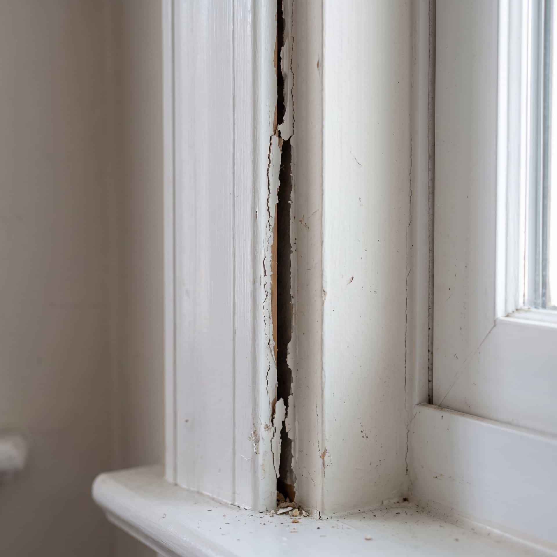 HydroHelp911 Crawl Space & Foundation Repair inspecting a vertical crack, peeling paint, and misaligned window frame caused
