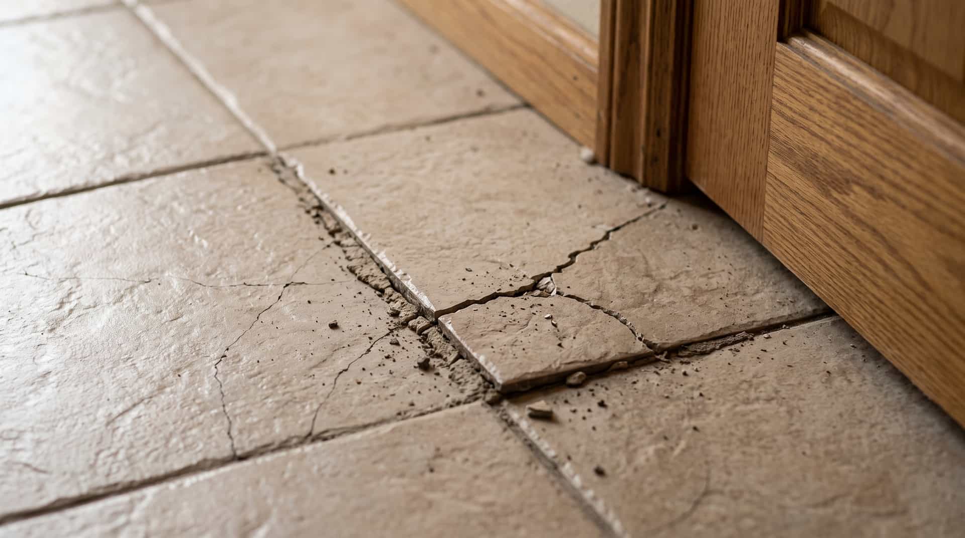 HydroHelp911 Crawl Space & Foundation Repair inspecting damaged and cracked floor tiles from slab settlement.