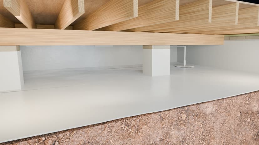 Illustration of a sealed crawl space with a liner over the floor, the walls and a pier