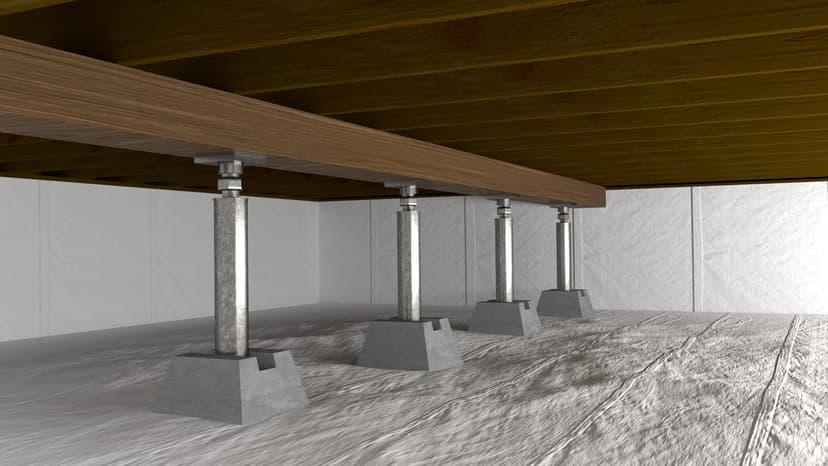 Illustration of adjustable steel support jacks under a wood beam in a sealed crawl space