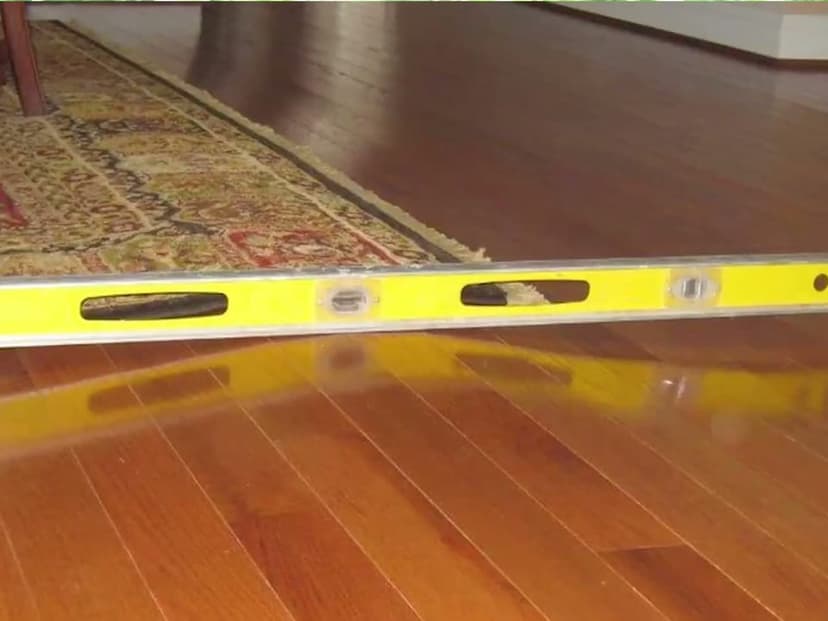A level laid across a wood floor, with a gap under part of it where the floor dips