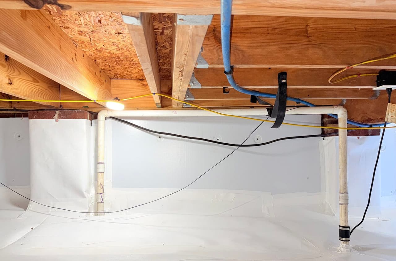 Crawl space wall covered in white liner with fasteners and white pipes running up to the joists.