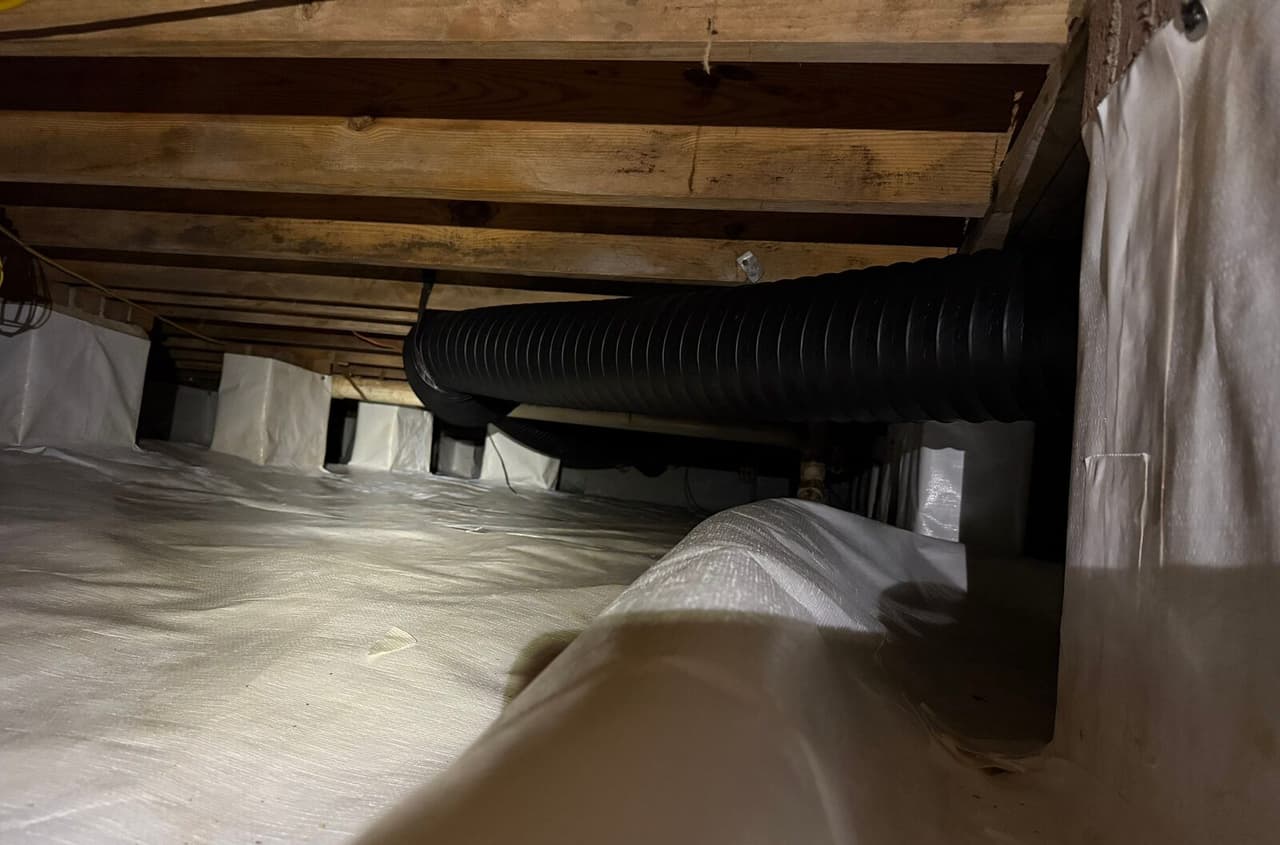 Crawl space with white liner on the floor and walls, wrapped piers, and a black duct under the joists.