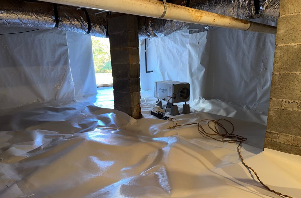 Encapsulated crawl space with white liner on floor and walls and a dehumidifier on stands.