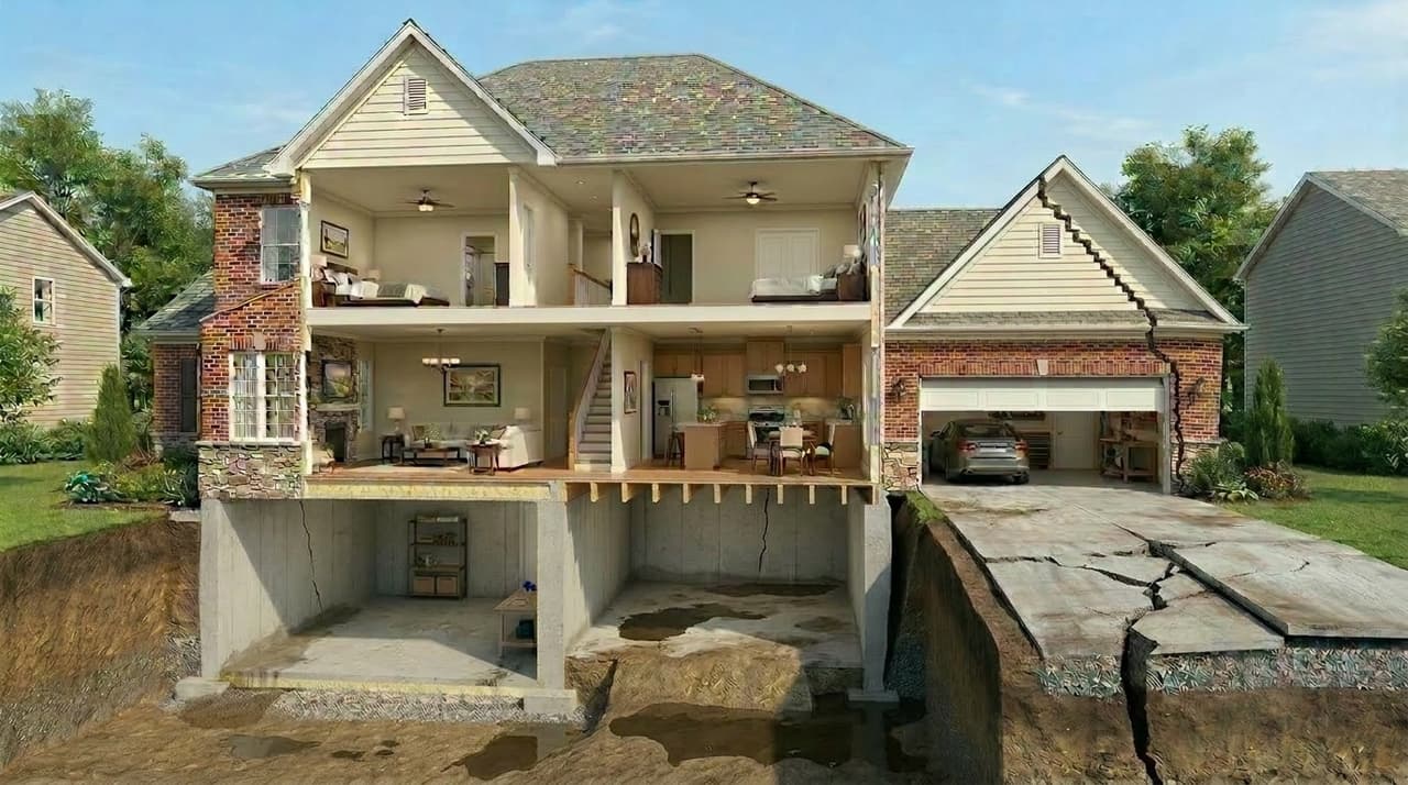 Illustration of a two story home with a basement, cut away to show the rooms, the foundation, and the soil around it. A driveway slab has sunk and a crack runs up the garage wall.