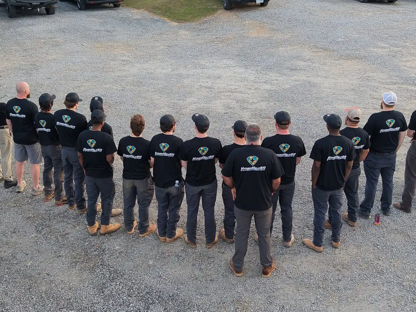 HydroHelp911 Crawl Space & Foundation Repair team members standing together in branded black shirts.