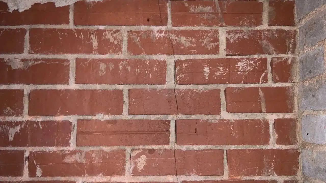 HydroHelp911 Crawl Space & Foundation Repair inspecting a thin vertical crack in a red brick foundation wall