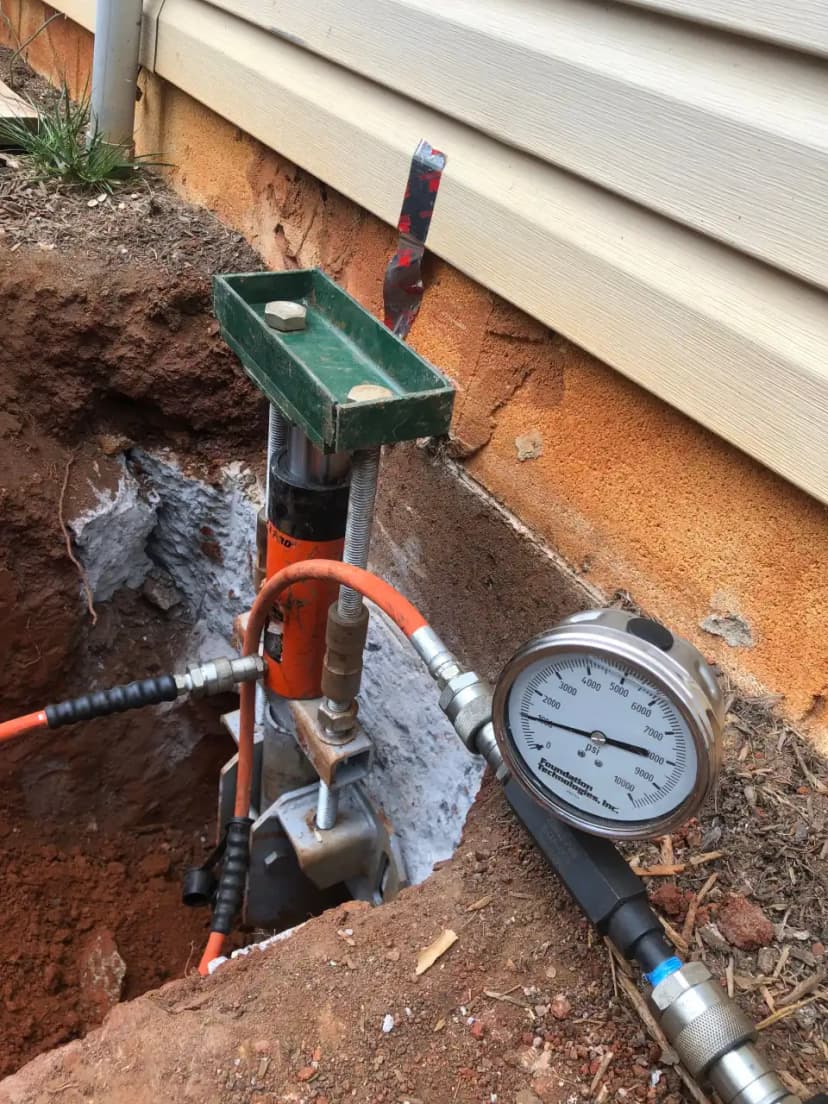 HydroHelp911 Crawl Space & Foundation Repair installing push piers with a hydraulic ram and pressure gauge