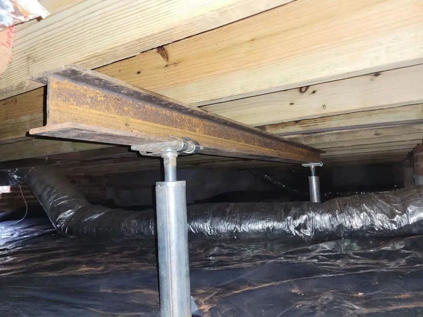 HydroHelp911 Crawl Space & Foundation Repair installing adjustable crawl space support jacks and an I-beam in a crawl space.