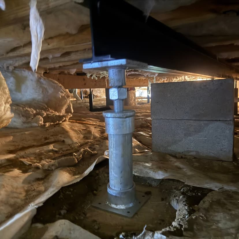 HydroHelp911 Crawl Space & Foundation Repair installing crawl space jacks with a steel I-beam to support sagging floors.