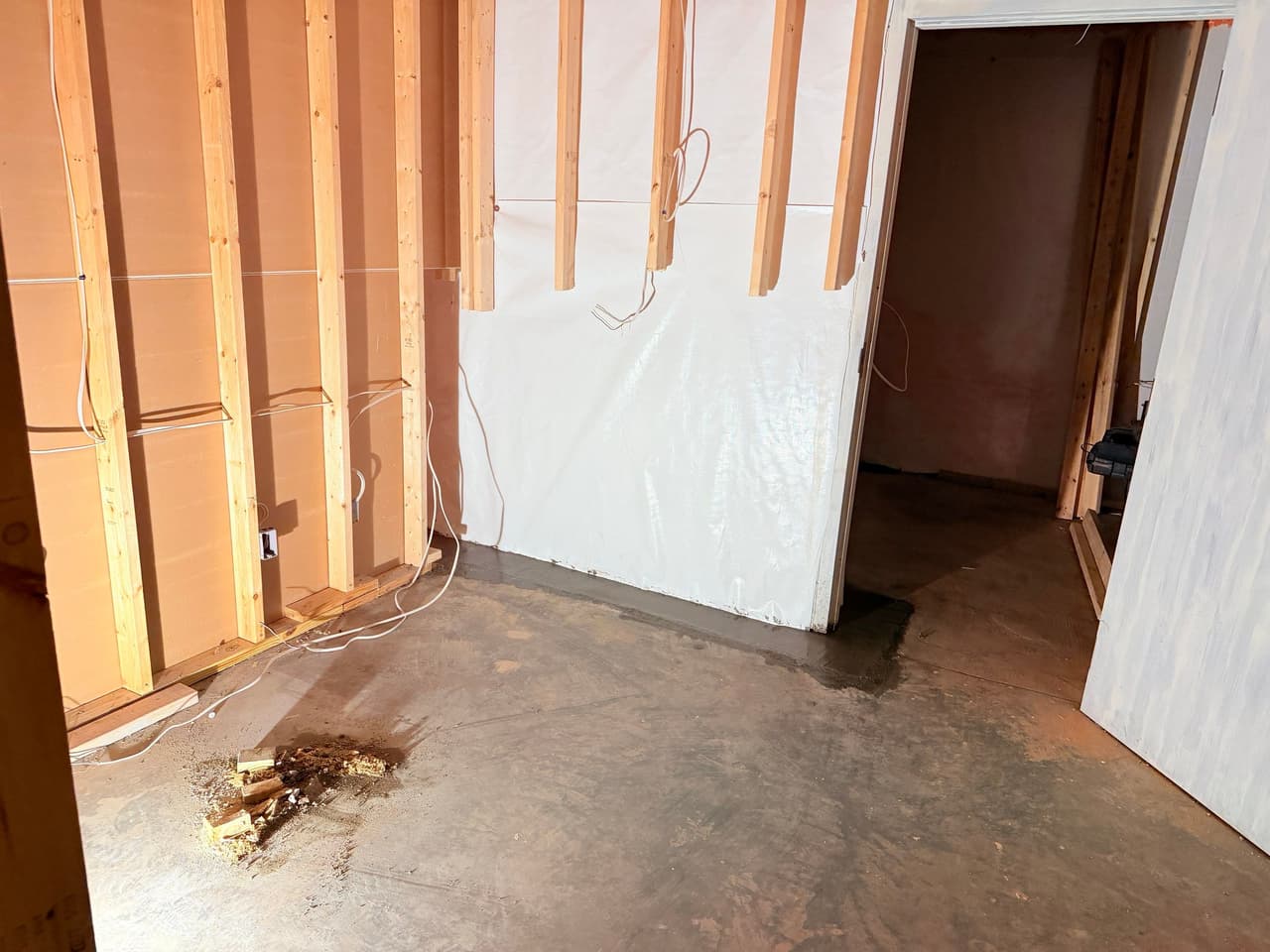 HydroHelp911 Crawl Space & Foundation Repair inspecting water in the basement cove with pooled water, wet basement walls