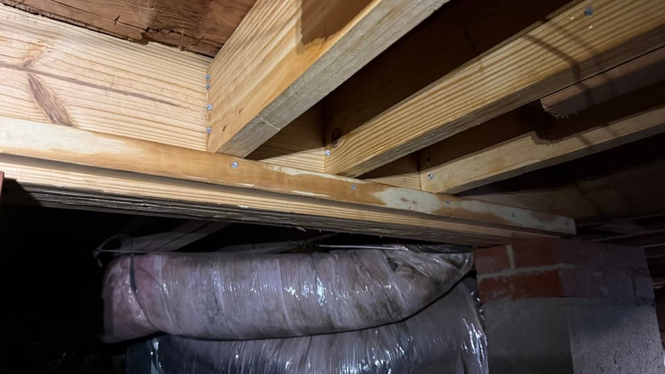 HydroHelp911 Crawl Space & Foundation Repair inspecting deteriorating insulation, moisture in a crawl space
