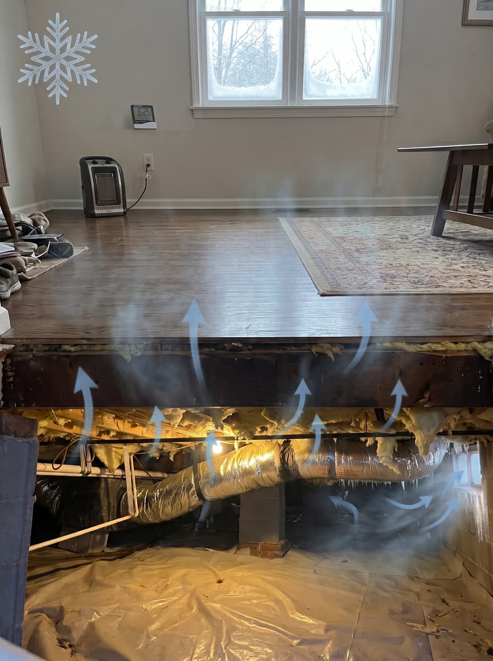 HydroHelp911 Crawl Space & Foundation Repair illustrates cold air rising from a crawl space into home, causing cold floors.