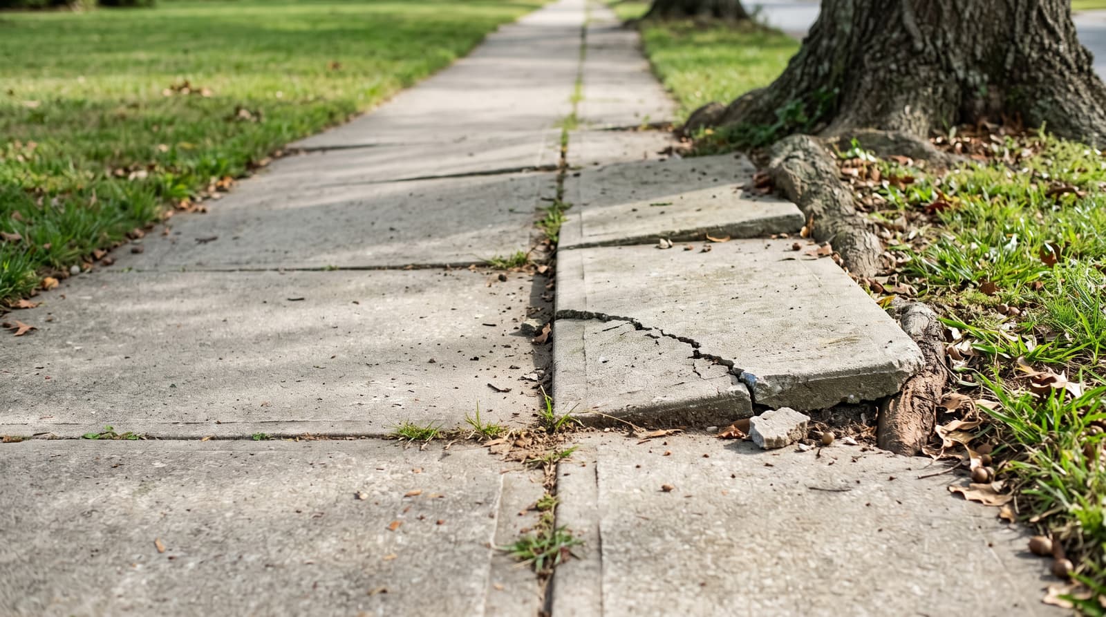 HydroHelp911 Crawl Space & Foundation Repair inspecting broken sidewalk with concrete tripping hazards caused by tree roots.