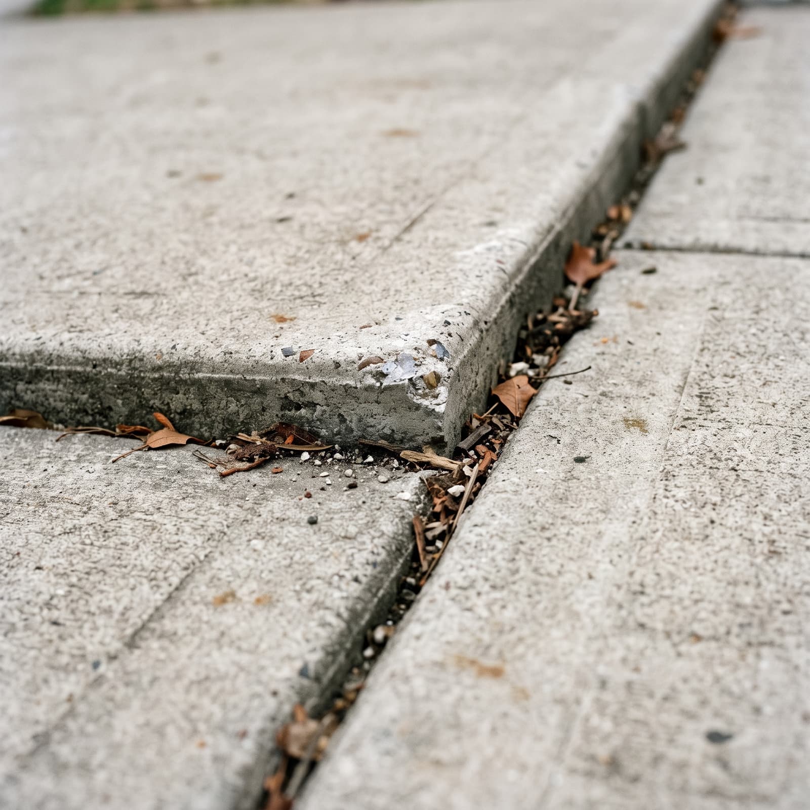 HydroHelp911 Crawl Space & Foundation Repair inspecting uneven concrete slabs creating a tripping hazard on a sidewalk.