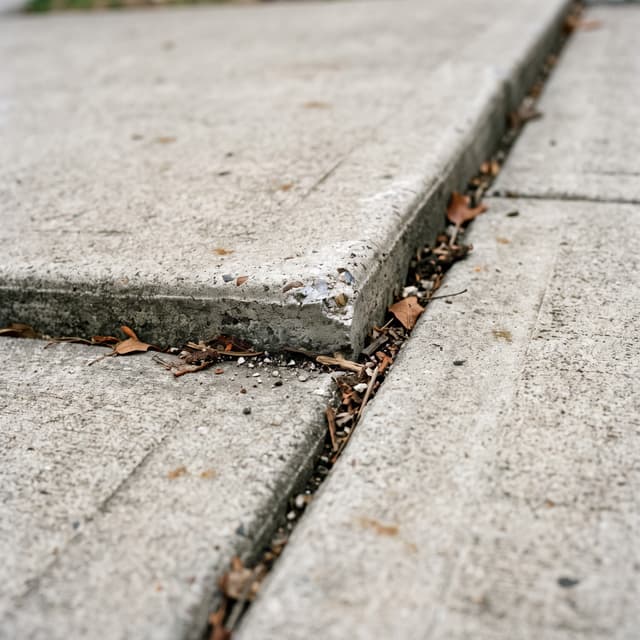 HydroHelp911 Crawl Space & Foundation Repair inspecting uneven concrete slabs creating a tripping hazard on a sidewalk.