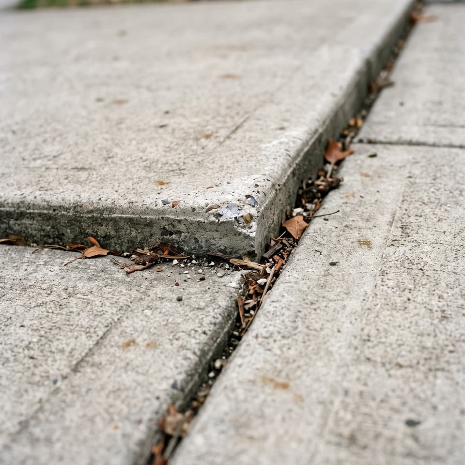 HydroHelp911 Crawl Space & Foundation Repair inspecting uneven concrete slabs creating a tripping hazard on a sidewalk.