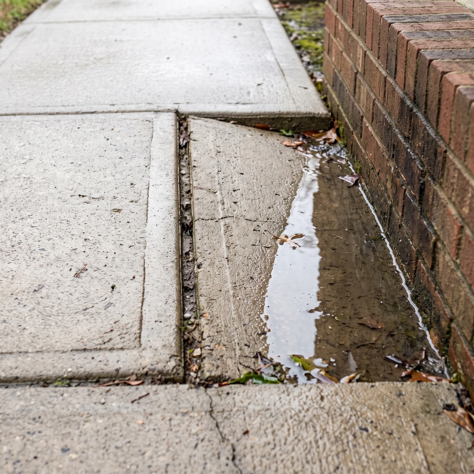 HydroHelp911 Crawl Space & Foundation Repair inspecting an uneven, broken sidewalk with pooled water causing a trip hazard.