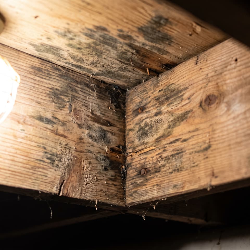 HydroHelp911 Crawl Space & Foundation Repair inspecting moisture damage on wood joists in a crawl space.