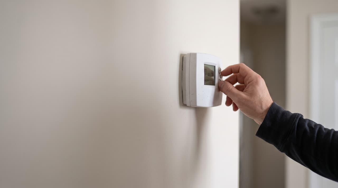 Illustrates a hand adjusting a thermostat due to high energy bills.