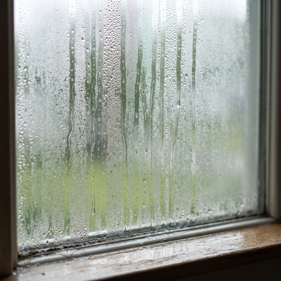 HydroHelp911 Crawl Space & Foundation Repair inspecting severe condensation and pooled water on a basement window.