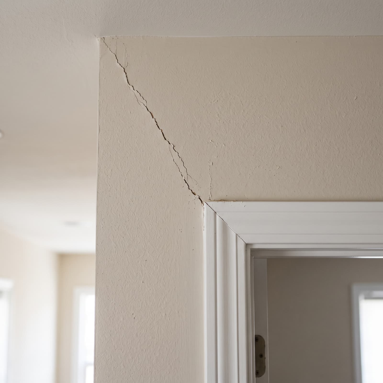 HydroHelp911 Crawl Space & Foundation Repair inspecting diagonal cracks extending from an interior door frame