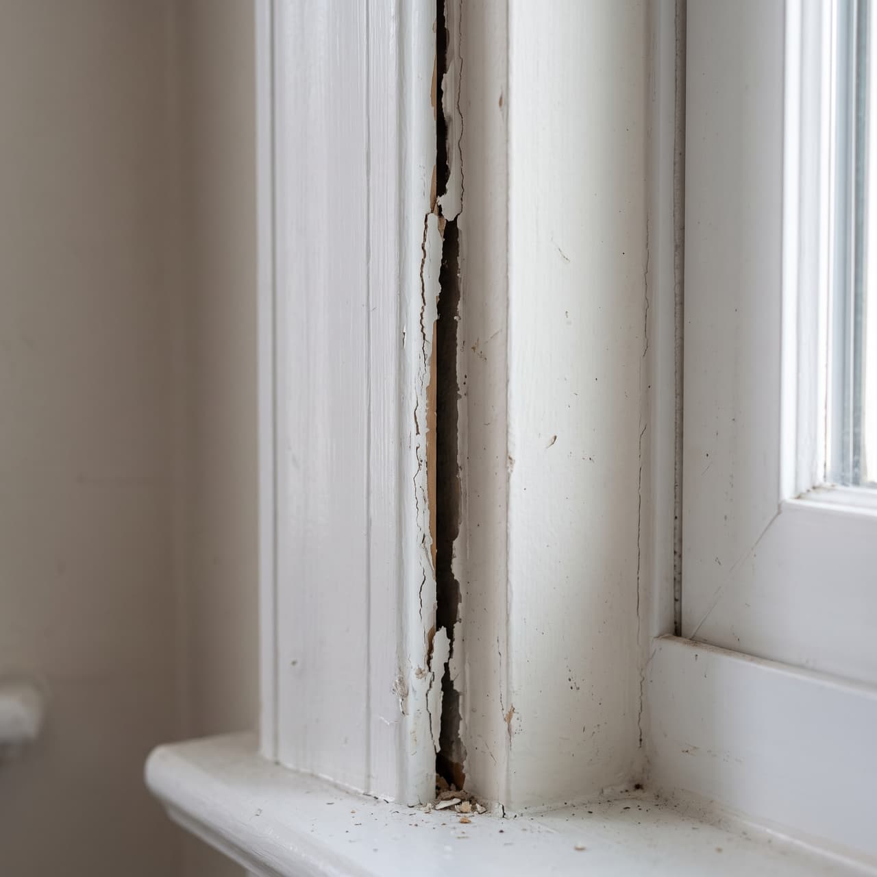Inspecting a vertical crack, peeling paint, and misaligned window frame caused