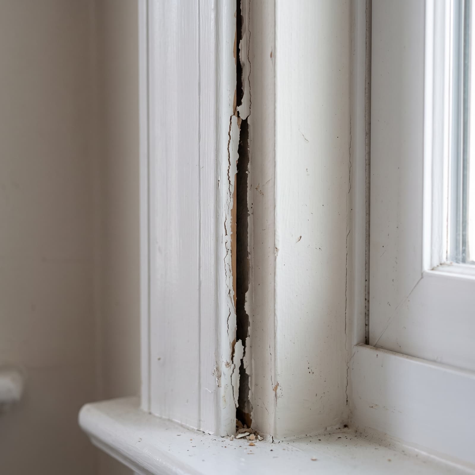 HydroHelp911 Crawl Space & Foundation Repair inspecting a vertical crack, peeling paint, and misaligned window frame caused