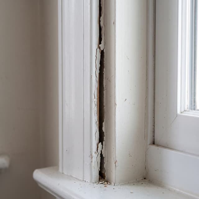 HydroHelp911 Crawl Space & Foundation Repair inspecting a vertical crack, peeling paint, and misaligned window frame caused