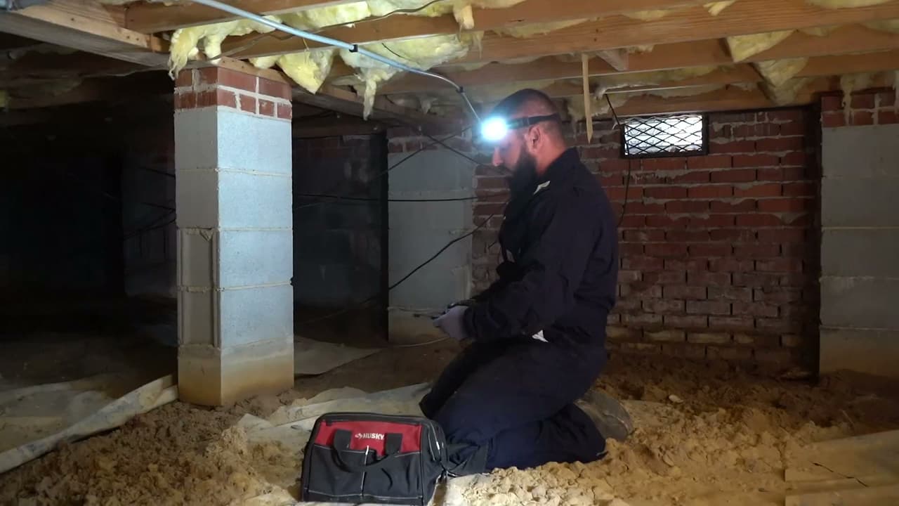 Technician inspecting a crawl space with deteriorating insulation.