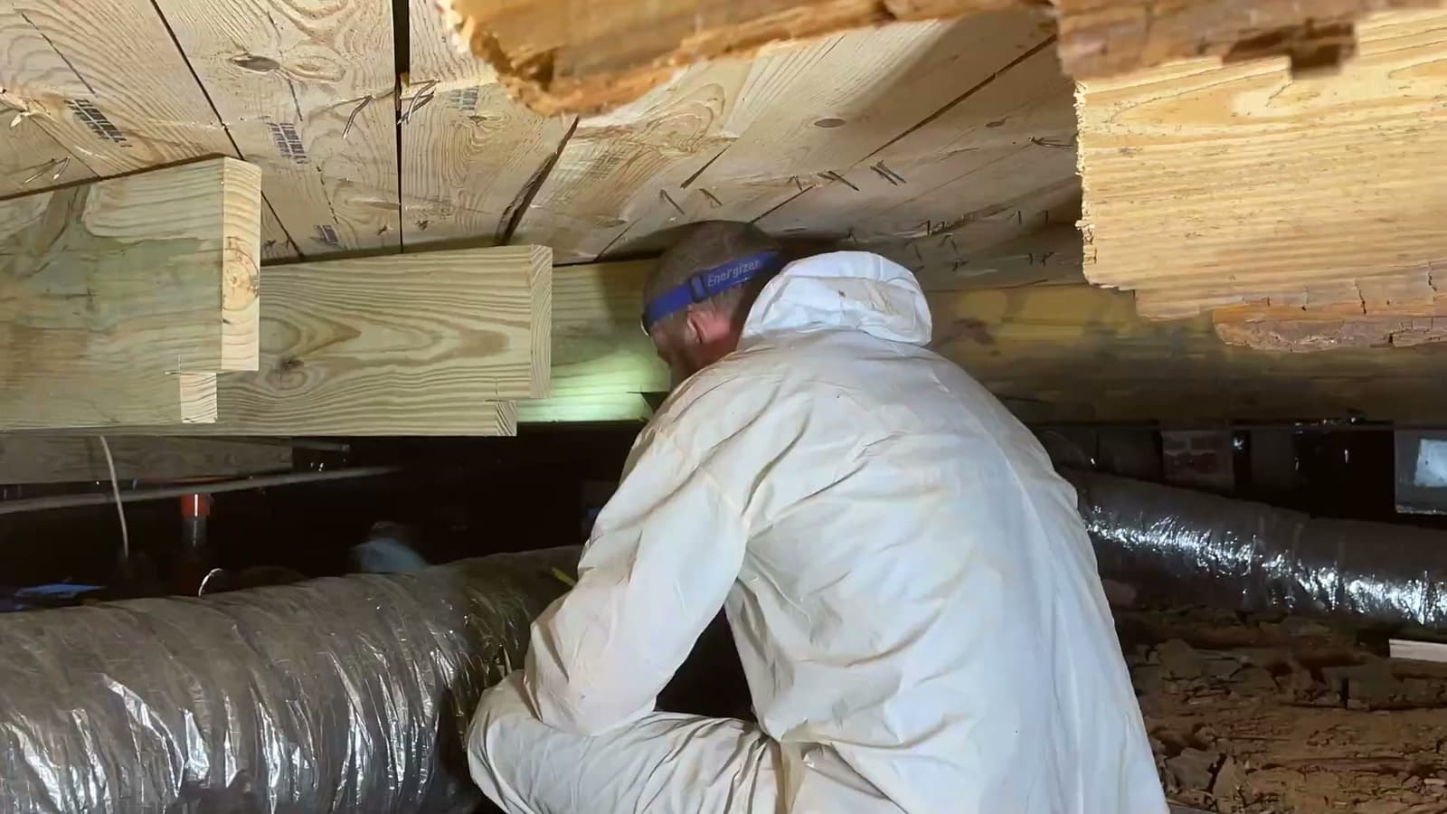 HydroHelp911 Crawl Space & Foundation Repair technician installing structural sister joists in a crawl space.