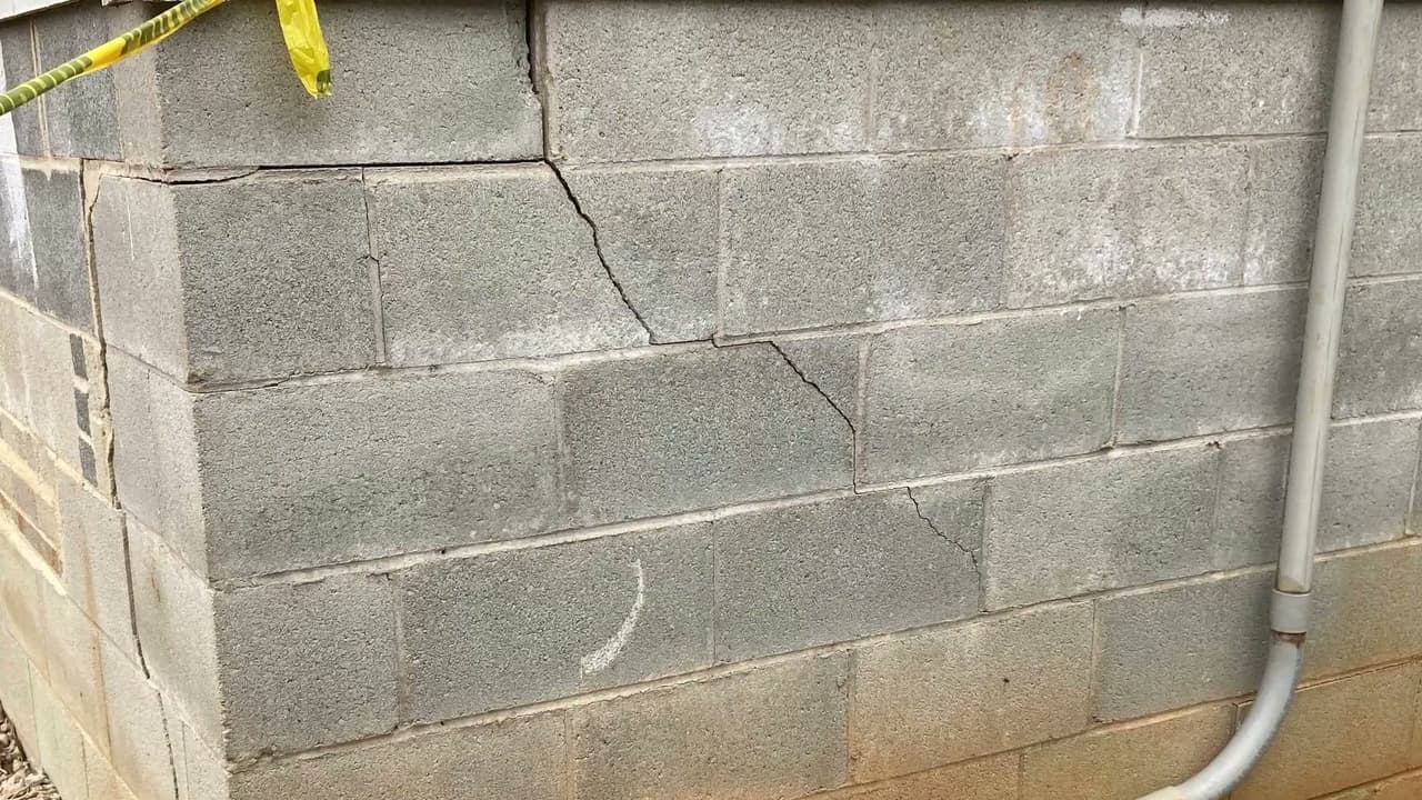 Inspecting stair step cracks, efflorescence on a concrete block foundation wall.