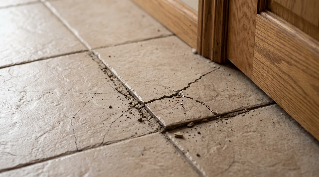 Inspecting damaged and cracked floor tiles from slab settlement.