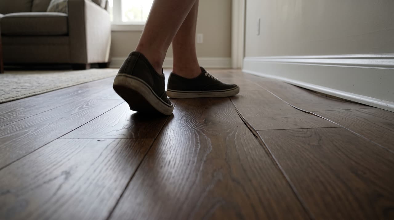 Assessing an uneven hardwood floor with a visible sag.