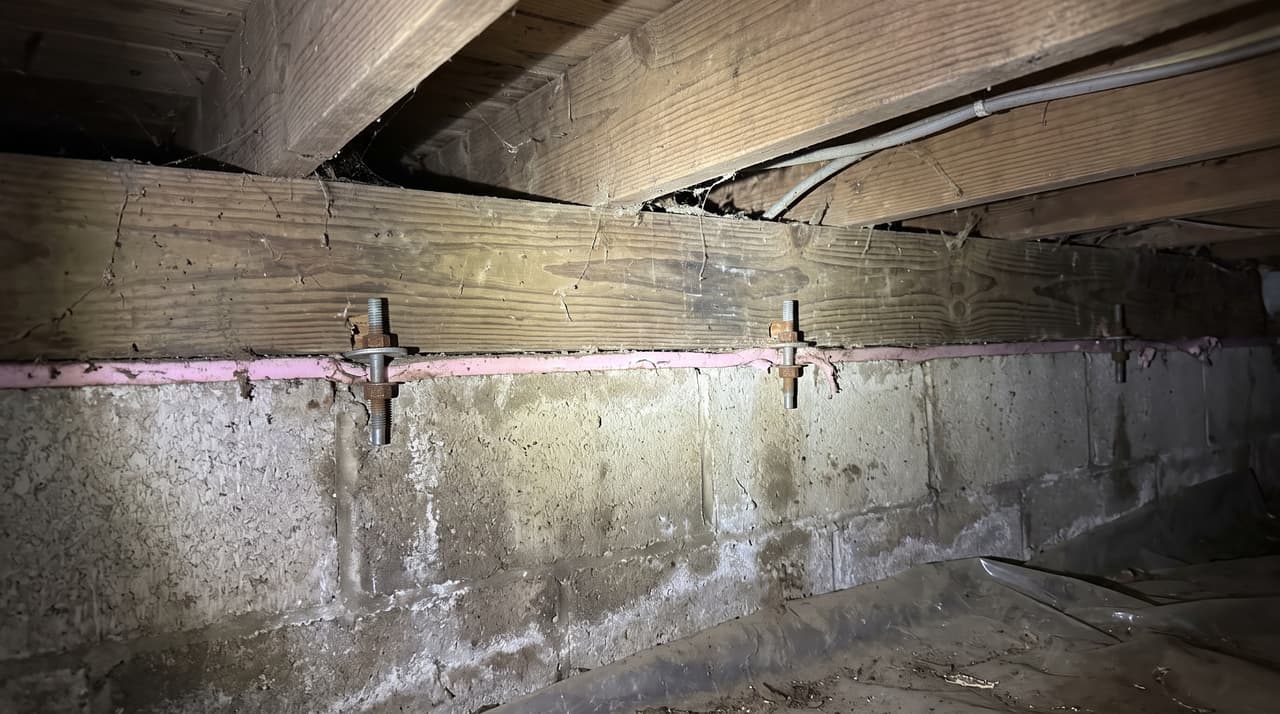 Inspecting efflorescence on a foundation wall in a crawl space with wood joists.