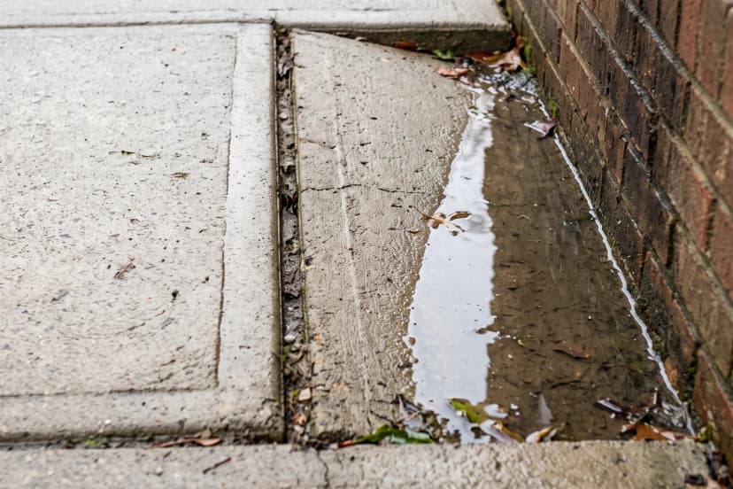 A sunken concrete walkway slab beside a brick wall, with water pooling in the gap