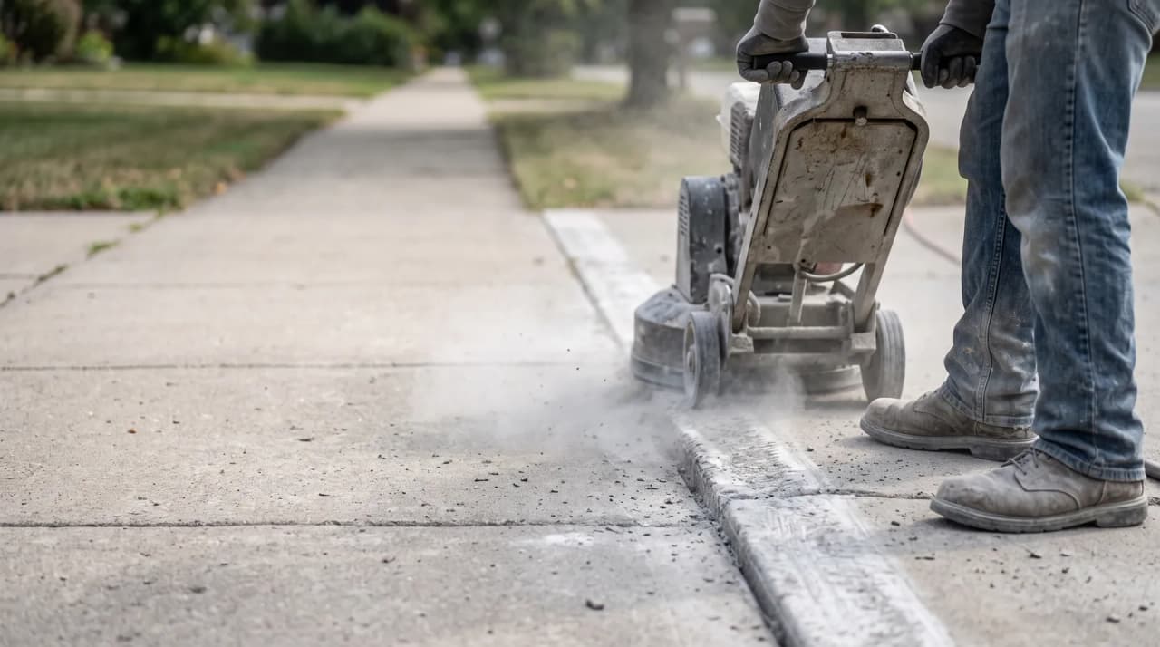 A walk behind grinder shaving down the raised edge of a concrete sidewalk slab