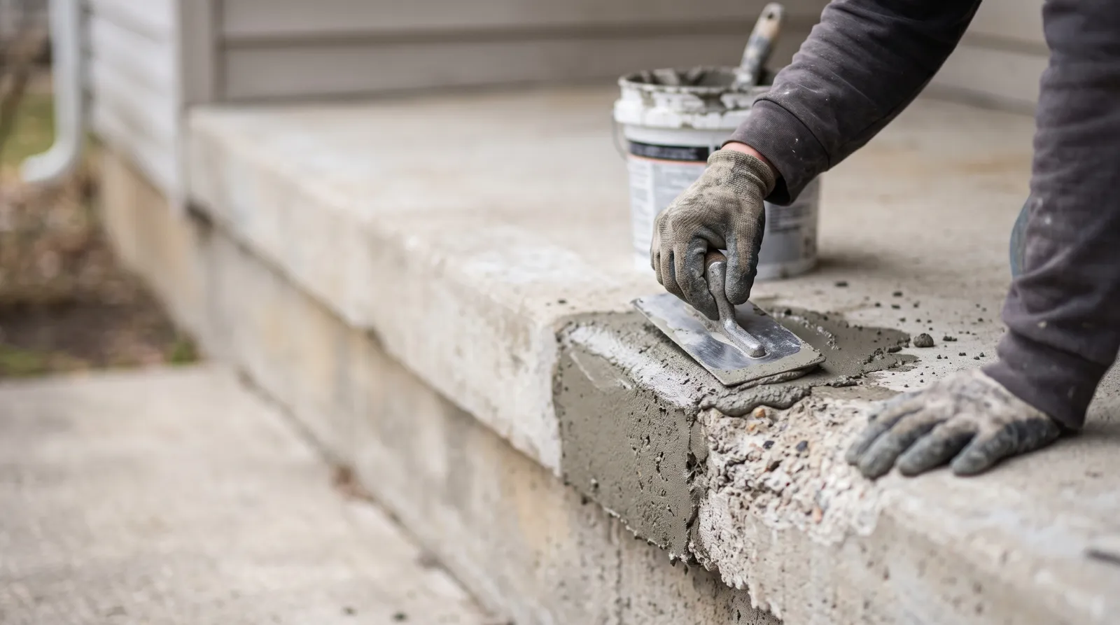 Gloved hands troweling a cement patch onto worn concrete steps