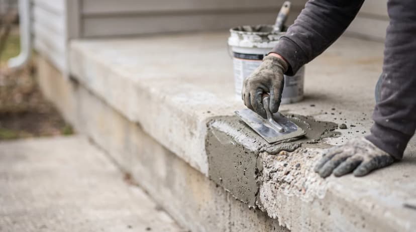 Gloved hands troweling a cement patch onto worn concrete steps