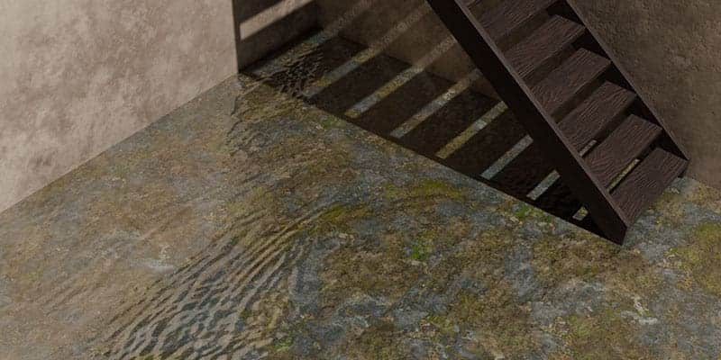 Illustration of water covering a basement floor at the foot of the stairs