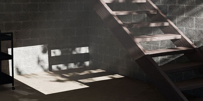 Basement stairs and a concrete block wall in window light