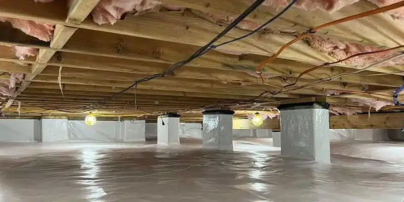 Encapsulated crawl space with fiberglass insulation between the floor joists