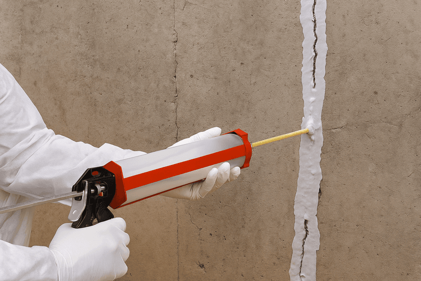 Gloved hands sealing a vertical crack in a concrete wall